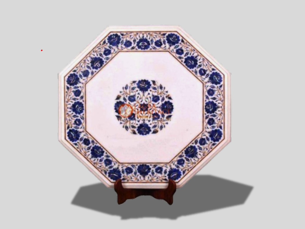 White Marble Lapis Pietradura Inlaid Floral Work Table Top